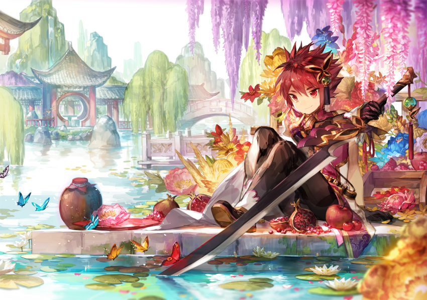 architecture bug butterfly butterfly_hair_ornament colorful day east_asian_architecture elsword elsword_(character) flower food fruit hair_ornament insect knee_up lily_pad male_focus on_ground outdoors plate pomegranate pond red_eyes red_hair rock scorpion5050 sitting smile solo sword tree water_lily_flower weapon willow wisteria