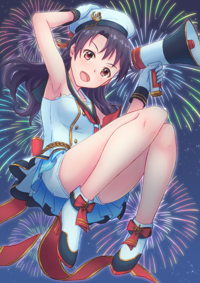 :d anchor_symbol armpits black_hair fireworks floating_hair from_below gloves hand_on_headwear hat highres holding_megaphone idolmaster idolmaster_million_live! idolmaster_million_live!_theater_days jumping long_hair looking_at_viewer open_mouth red_eyes short_shorts shorts sky sleeveless smile solo soujin star_(sky) starry_sky takayama_sayoko white_gloves white_hat white_shorts