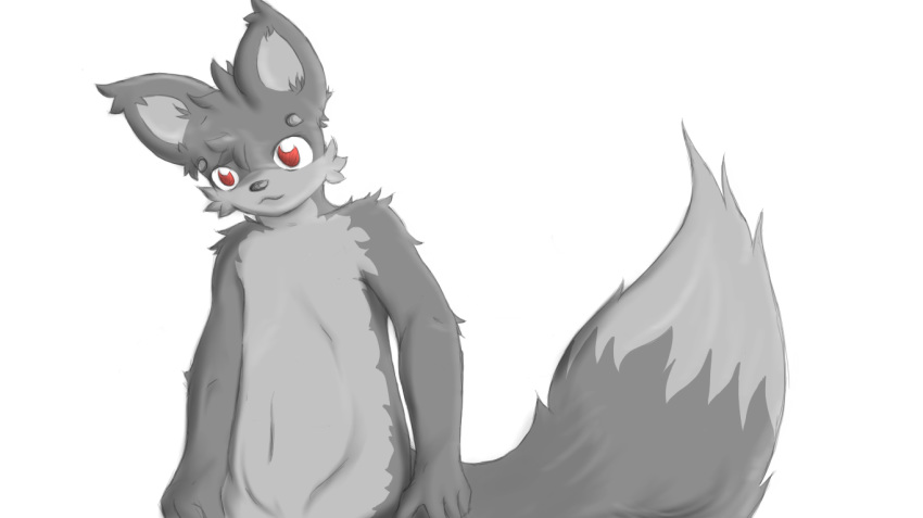2015 4_fingers :3 anthro black_nose canine cheek_tuft dipstick_tail fluffy fluffy_tail fox fur grey_fur head_tuft log_(artist) log_(fox) looking_down male mammal multicolored_fur multicolored_tail navel nude red_eyes simple_background smile solo tuft two_tone_fur white_background