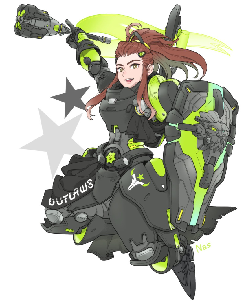 alternate_color armor armored_boots boots brigitte_(overwatch) brown_hair e-sports flag freckles gloves hair_ornament hairclip highres houston_outlaws long_hair mace nas_(nas_3) open_mouth outlaws_brigitte overwatch overwatch_league ponytail shield star teeth weapon white_background yellow_eyes