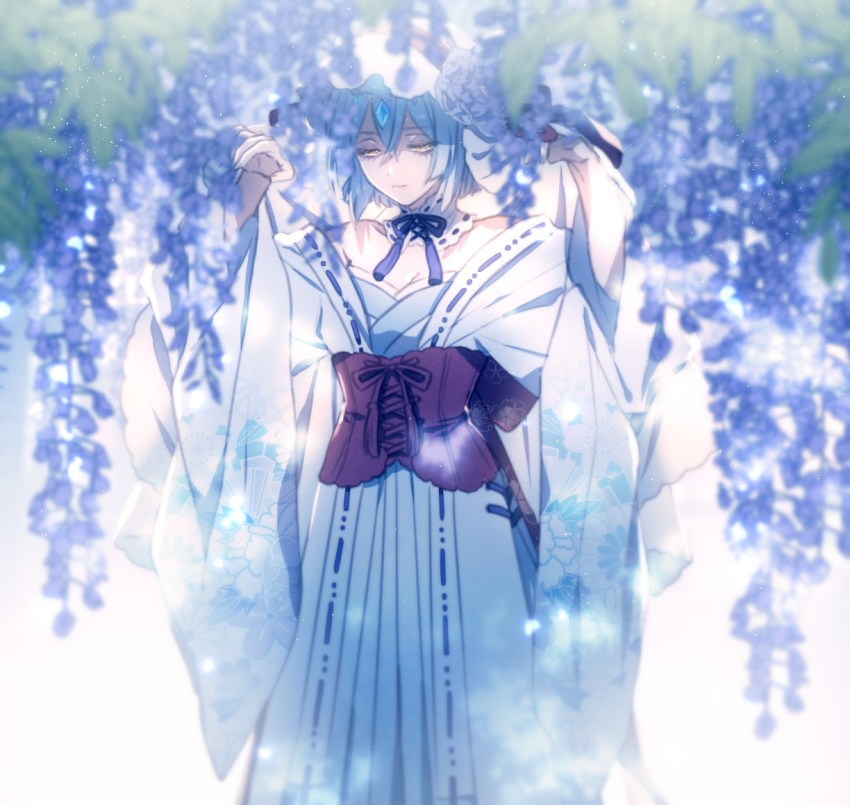 bare_shoulders blurry blurry_foreground breasts cleavage corset crystal depth_of_field detached_collar floral_print flower froslass hair_between_eyes half-closed_eyes hands_up japanese_clothes kimono looking_at_viewer moe_(hamhamham) personification pokemon ribbon-trimmed_clothes ribbon_trim silver_hair small_breasts solo standing tassel white_background white_kimono wide_sleeves wisteria yellow_eyes