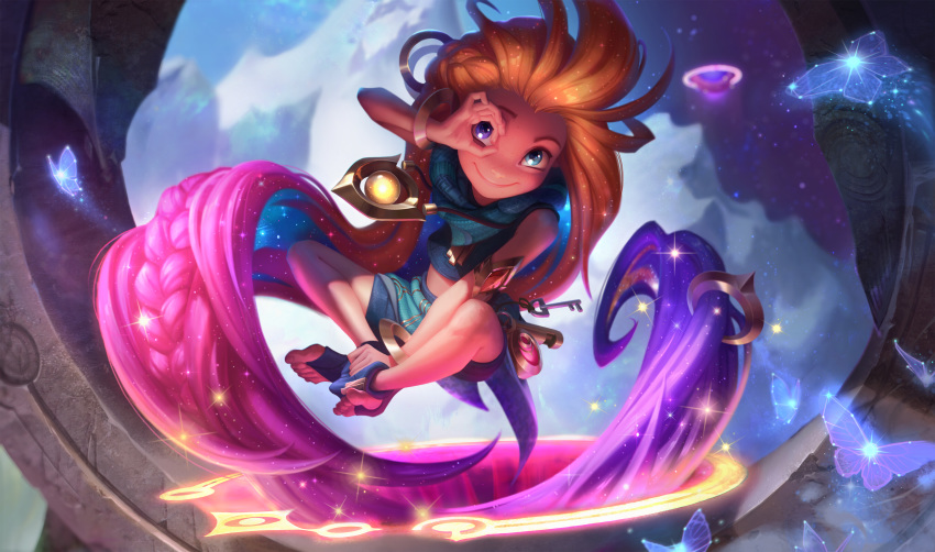 absurdres barefoot blue_eyes bracelet braid bug butterfly commentary crop_top crossed_ankles english_commentary floating heterochromia highres insect jessica_oyhenart jewelry key league_of_legends long_hair multicolored_hair official_art orange_hair pendant pink_hair prehensile_hair purple_eyes purple_hair scarf sitting smile solo sparkle stomach toeless_legwear toes very_long_hair zoe_(league_of_legends)