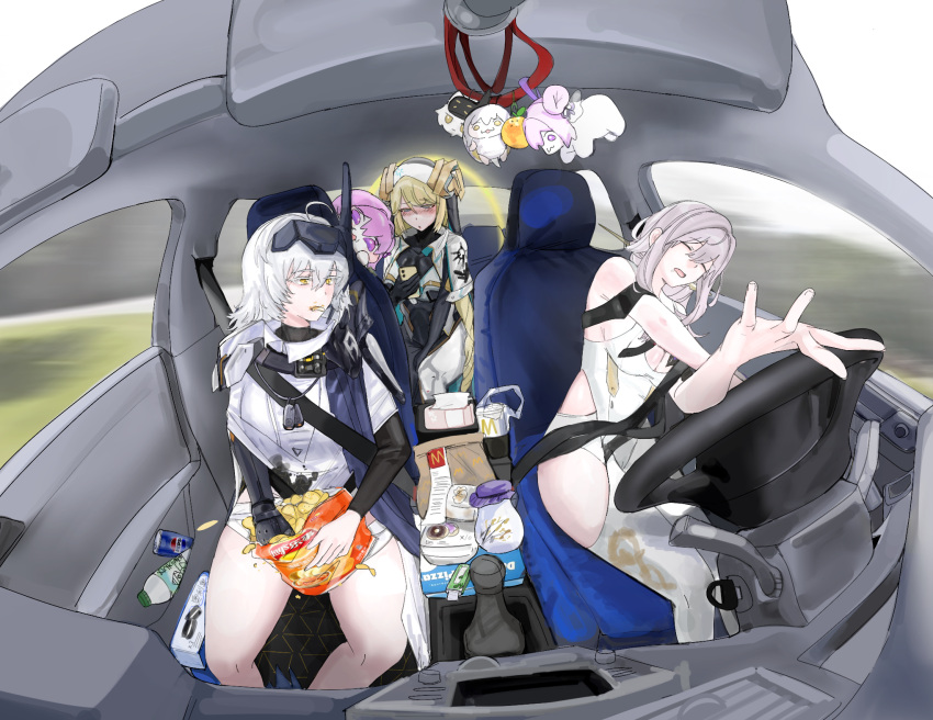 armored_bodysuit bag_of_chips black_gloves blonde_hair blue_eyes blush bodysuit braid breasts car car_interior car_seat chips_(food) cleavage cloak closed_eyes cross_bracelet doro_(nikke) driving eating flower-shaped_hair food gloves goddess_of_victory:_nikke grey_hair hair_between_eyes head-mounted_display highres horns large_breasts left-hand_drive long_braid long_hair mcdonald's mechanical_arms mechanical_horns motor_vehicle multiple_girls nun open_mouth pioneer_(nikke) potato_chips rapunzel_(nikke) scarlet_(nikke) seatbelt shiny_eyes single_mechanical_arm sitting snack snow_white_(nikke) steering_wheel tissue tissue_box vehicle_interior very_long_hair visor_(armor) visor_lift white_cloak white_hair xmld404