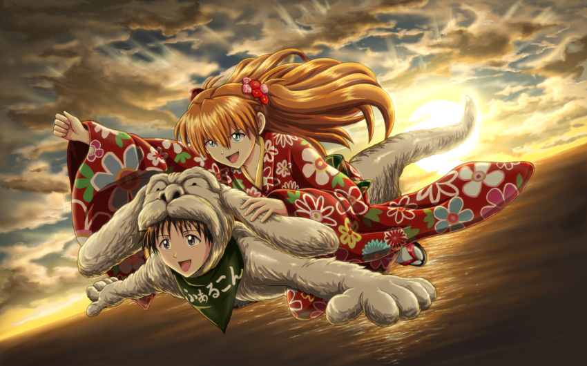 1boy 1girl :d amai_yadoraki animal_costume brown_hair cloud cloudy_sky cosplay_request floating_hair floral_print flying grey_eyes hair_ornament highres ikari_shinji japanese_clothes kimono long_hair long_sleeves neon_genesis_evangelion ocean open_mouth outdoors outstretched_arm outstretched_arms print_kimono red_kimono sky smile soryu_asuka_langley sunset very_long_hair yukata