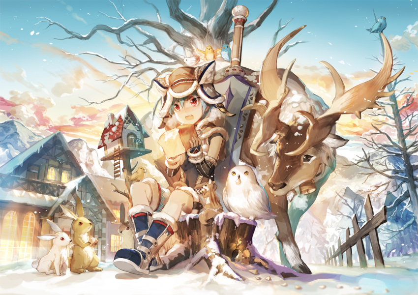 bird birdhouse bunny elsword elsword_(character) fang food house owl red_eyes reindeer scorpion5050 snow squirrel sword toast weapon winter winter_clothes