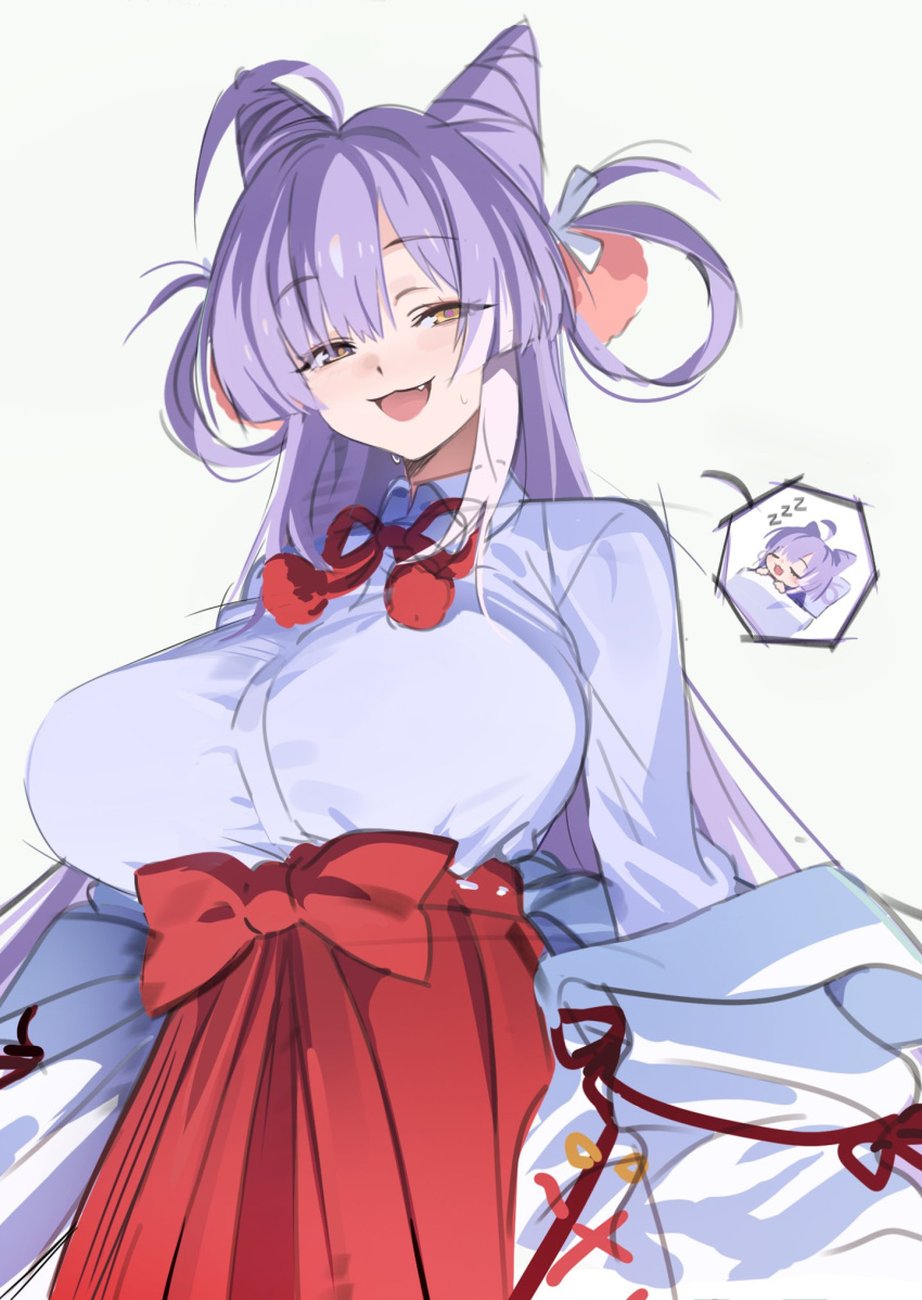 1girl ahoge alternate_breast_size_(larger) bow bow_skirt breasts collared_shirt commentary cone_hair_bun cowboy_shot dreaming english_commentary fang grey_shirt hair_bun hair_rings heterochromia high-waist_skirt highres huge_breasts long_hair looking_at_viewer open_mouth parted_bangs pleated_skirt purple_eyes purple_hair purple_pupils red_ribbon ribbon rope_around_neck seicoh shirt shirt_tucked_in simple_background skirt smile solo standing stellive sweat tenko_shibuki very_long_hair virtual_youtuber white_background wing_collar yellow_eyes yellow_pupils