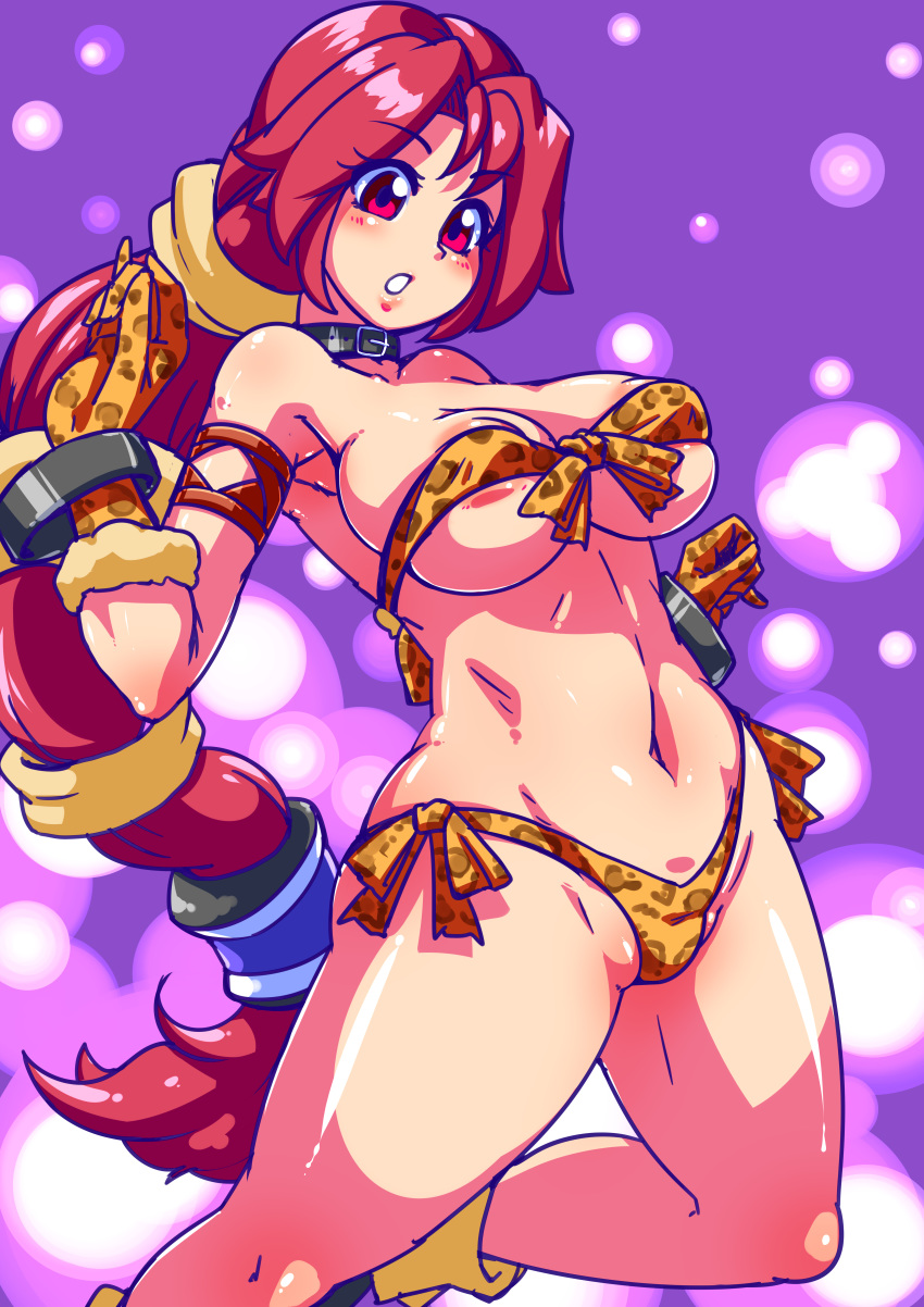 absurdres areola_slip areolae bare_legs blush bra choker cropped_legs dark_chronicle gloves highres jaguar_print light_particles long_hair monica_(dark_chronicle) multi-tied_hair navel orange_bra orange_gloves orange_panties panties ponytail purple_background red_eyes red_hair ryoi shiny shiny_skin shoes side-tie_panties solo underwear