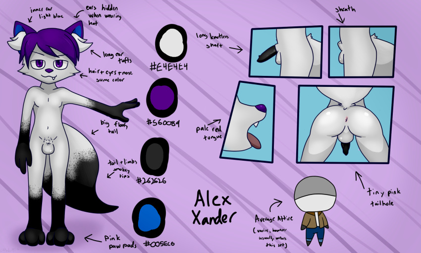 2016 3_toes alex_xander animal_genitalia animal_penis anthro anus backsack balls biped black_fur butt butt_shot canine canine_penis character_name cheek_tuft clothing cub directional_arrow english_text erection fangs fluffy fluffy_tail fully_sheathed fur gloves_(marking) hair half-closed_eyes inner_ear_fluff jacket looking_at_viewer lxander191 male mammal mannequin markings model_sheet multicolored_fur multiple_angles multiple_poses navel nude open_mouth pants penis pose purple_background purple_eyes purple_hair purple_nose raised_tail rear_view sheath short_hair side_view simple_background socks_(marking) solo standing teeth text toes tongue tongue_out tuft two_tone_fur white_fur wolf young