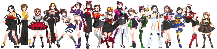 absurdres bat_wings belt black_skirt breasts brown_hair card chain coat dress genderswap genderswap_(mtf) gloves gothic highres kamen_rider kamen_rider_555 kamen_rider_agito kamen_rider_agito_(series) kamen_rider_blade kamen_rider_blade_(series) kamen_rider_dcd kamen_rider_decade kamen_rider_den-o kamen_rider_den-o_(series) kamen_rider_double kamen_rider_drive kamen_rider_drive_(series) kamen_rider_faiz kamen_rider_fourze kamen_rider_fourze_(series) kamen_rider_gaim kamen_rider_gaim_(series) kamen_rider_ghost kamen_rider_ghost_(series) kamen_rider_hibiki kamen_rider_hibiki_(series) kamen_rider_kabuto kamen_rider_kabuto_(series) kamen_rider_kiva kamen_rider_kiva_(series) kamen_rider_kuuga kamen_rider_kuuga_(series) kamen_rider_ooo kamen_rider_ooo_(series) kamen_rider_ryuki kamen_rider_ryuki_(series) kamen_rider_w kamen_rider_wizard kamen_rider_wizard_(series) kivat-bat_iii long_hair long_image looking_at_viewer miniskirt multiple_girls pink_coat pink_eyes pink_hair pink_legwear red_dress red_eyes rider-tan skirt thighhighs wide_image wings za's_man