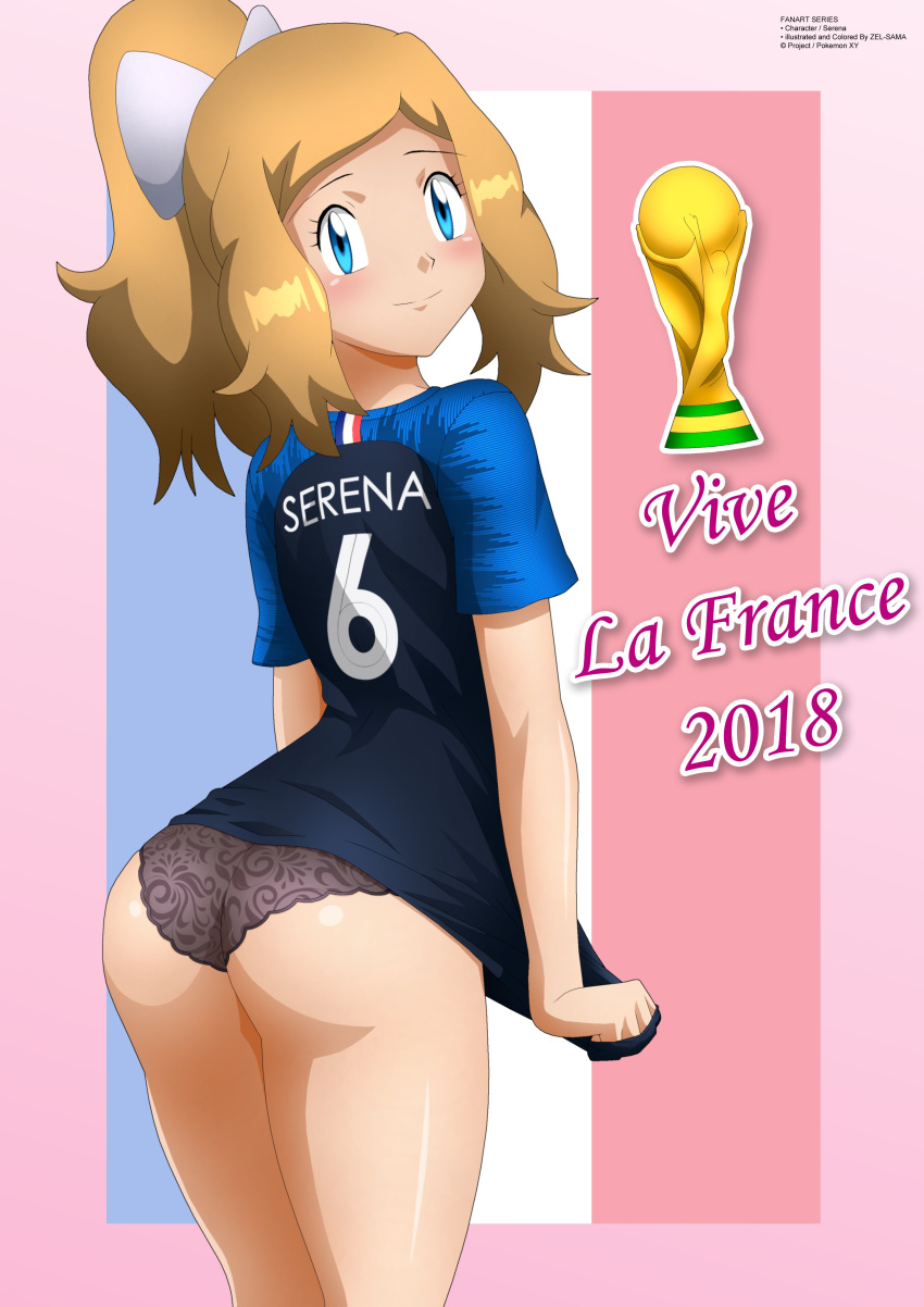 ass blue_eyes france long_hair looking_at_viewer panties pokemon pokemon_(game) pokemon_xy serena_(pokemon) underwear world_cup world_cup_2018 yukino_memories zel-sama