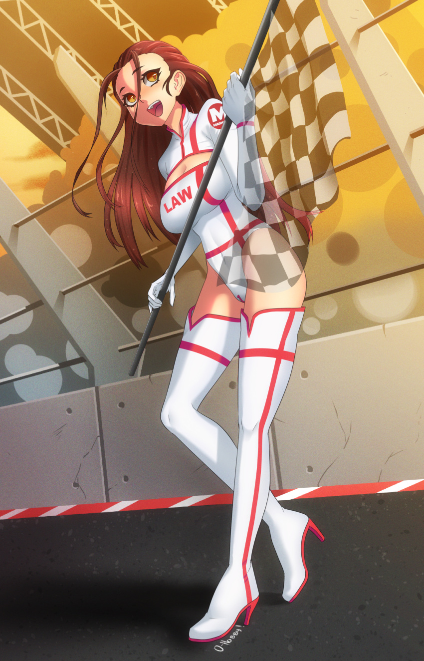 boots borrowed_character breasts brown_eyes brown_hair checkered checkered_flag ciara_(masharu-law) cleavage clothes_writing covered_navel dark_skin eyebrows_visible_through_hair flag full_body high_heel_boots high_heels highres holding holding_flag icon idol large_breasts leotard long_hair mascot open_mouth oppaihobby original race_queen racing solo standing thigh_boots thighhighs white_footwear white_legwear zipper