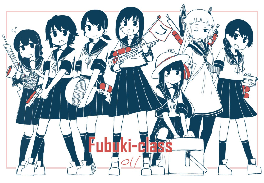 ball beachball braid camera cooler flag fubuki_(kantai_collection) full_body hat hatsuyuki_(kantai_collection) headgear highres isonami_(kantai_collection) kantai_collection kneehighs long_hair looking_at_viewer low_twintails ma_rukan miyuki_(kantai_collection) monochrome multiple_girls murakumo_(kantai_collection) neckerchief odd_one_out one_eye_closed open_mouth pantyhose pleated_skirt ponytail school_uniform serafuku shirayuki_(kantai_collection) short_hair short_twintails sidelocks single_braid skirt spot_color standing sun_hat super_soaker twintails uranami_(kantai_collection) water_gun