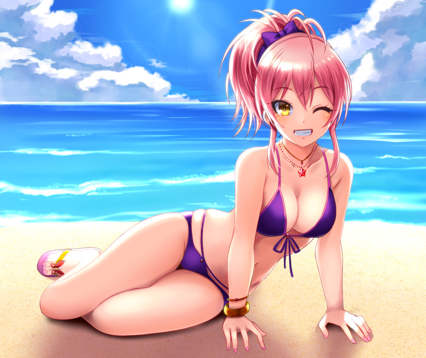 arm_support bangs beach bikini blush bow bracelet breasts cleavage collarbone commentary_request day eyelashes grin hair_between_eyes hair_bow hips idolmaster idolmaster_cinderella_girls jewelry jougasaki_mika long_hair looking_at_viewer lying medium_breasts multi-strapped_bikini necklace ocean on_side one_eye_closed ooike_teru pink_hair purple_bikini purple_bow sandals sidelocks smile solo sunlight swimsuit thighs yellow_eyes