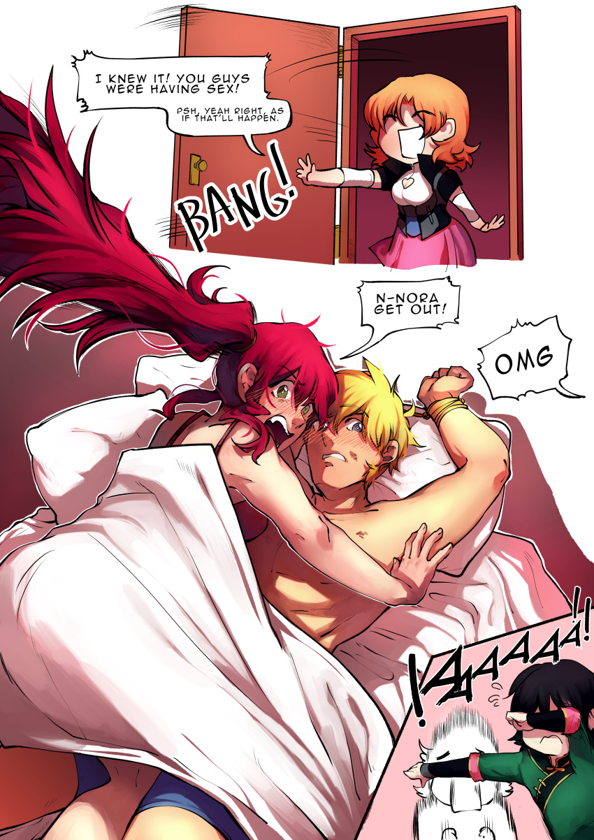 2boys 2girls absurdres bdsm bed bed_sheet blonde_hair blush bondage bound caught comic covering_eyes door embarrassed english femdom girl_on_top highres jaune_arc lie_ren lying multiple_boys multiple_girls nora_valkyrie on_back on_bed open_door orange_hair pillow pyrrha_nikos red_hair rwby shocked speech_bubble surprised text_focus tied_up topless walk-in