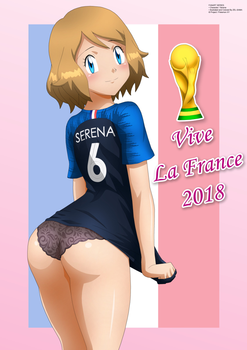 ass bad_anatomy blue_eyes france looking_at_viewer pocket_monster pokemon pokemon_(anime) pokemon_(game) pokemon_xy pulling_down_shirt serena_(pokemon) short_hair world_cup yukino_memories zel-sama