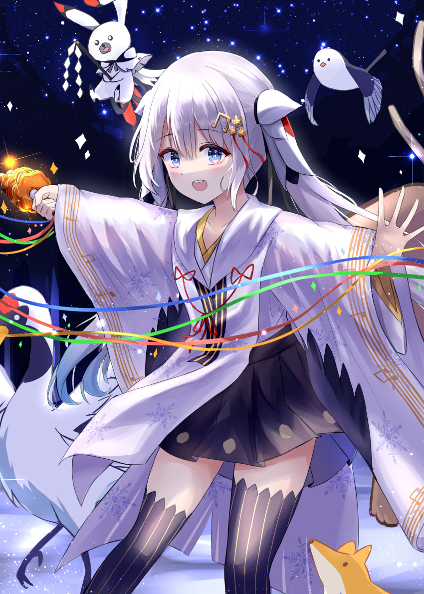 1girl absurdres animal bell bird black_skirt black_thighhighs blue_eyes blue_ribbon blush chihaya_(clothing) collarbone commentary crane_(animal) fox green_ribbon hair_ornament hamu_(hvmzld123) hatsune_miku highres holding holding_bell japanese_clothes jingle_bell kagura_suzu long_hair miko musical_note musical_note_hair_ornament musical_note_print musical_staff musical_staff_print official_alternate_costume official_alternate_hairstyle open_mouth outdoors outstretched_arms pleated_skirt rabbit rabbit_yukine ribbon skirt smile snowflake_print striped_clothes striped_thighhighs thighhighs twintails vertical-striped_clothes vertical-striped_thighhighs very_long_hair vocaloid white_hair yellow_ribbon yuki_miku yuki_miku_(2018)