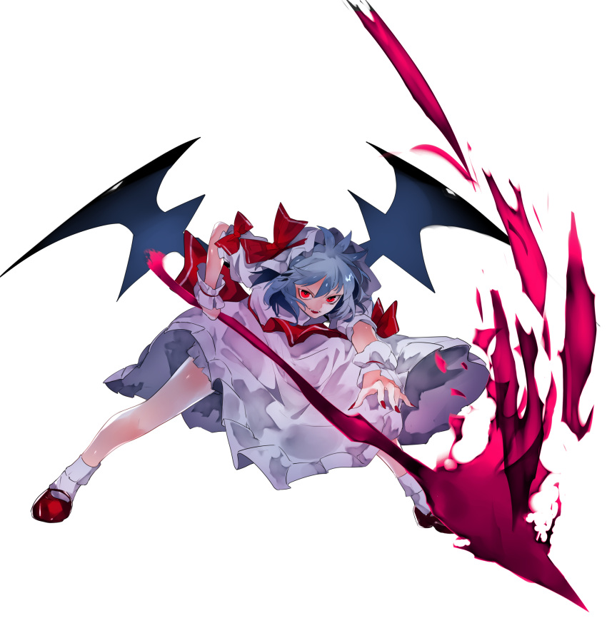 bat_wings bow brooch cravat dress fang frilled_shirt frilled_shirt_collar frilled_sleeves frills hat hat_ribbon highres ikurauni jewelry lavender_hair looking_at_viewer mob_cap pink_dress puffy_short_sleeves puffy_sleeves red_bow red_eyes red_ribbon remilia_scarlet ribbon ribbon_trim sash shirt short_hair short_sleeves spear_the_gungnir the_embodiment_of_scarlet_devil touhou wings wrist_cuffs