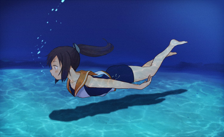 annin_musou barefoot brown_eyes brown_hair commentary_request freediving hair_ornament hairclip i-401_(kantai_collection) kantai_collection one-piece_swimsuit orange_sailor_collar ponytail sailor_collar sailor_shirt school_swimsuit shirt short_hair short_ponytail solo swimming swimsuit swimsuit_under_clothes underwater