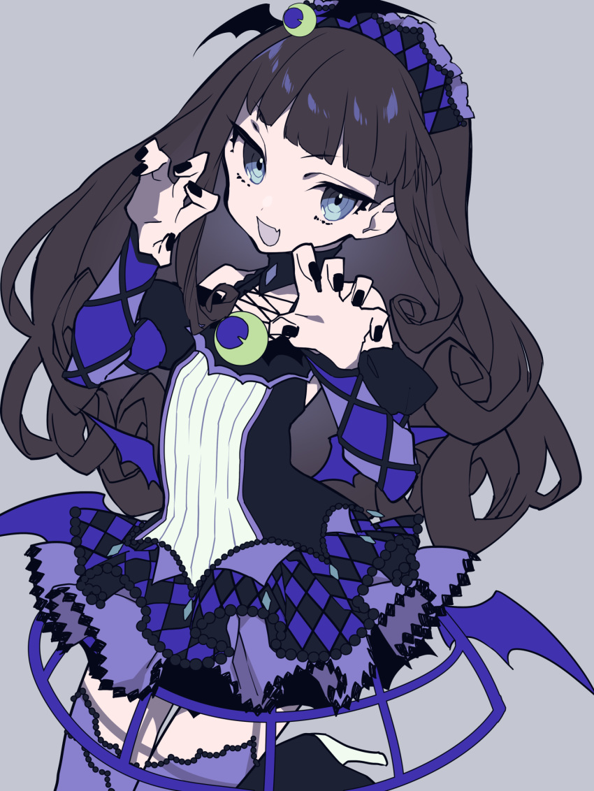 :d bangs bare_shoulders black_nails blue_eyes blue_skirt blunt_bangs brown_hair claw_pose detached_sleeves eyebrows_visible_through_hair fang fingernails flat_chest grey_background hair_ornament hairband hands_up high_heels highres kurosu_aroma long_hair long_sleeves mochizuki_kei nail_polish open_mouth pretty_(series) pripara ringed_eyes simple_background skirt smile solo standing