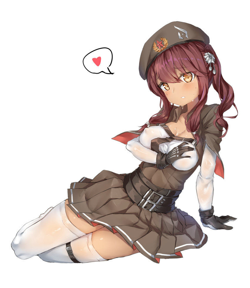 absurdres arm_support bangs belt belt_buckle beret black_neckwear blush breasts buckle cleavage collarbone commentary covered_nipples dark_skin eyebrows_visible_through_hair flower framed_breasts girls_frontline gloves hair_between_eyes hair_flower hair_ornament hand_on_own_breast hansal hat head_tilt heart highres large_breasts long_hair long_sleeves looking_at_viewer multiple_belts necktie no_shoes parted_lips pleated_skirt purple_hair saiga-12_(girls_frontline) shirt sidelocks simple_background sitting skirt solo spoken_heart strap thigh_strap thighhighs twintails wet wet_clothes wet_shirt white_background white_legwear white_shirt yellow_eyes yokozuwari