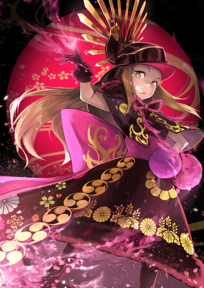 arm_up black_capelet black_dress black_hat black_legwear bow brown_eyes brown_hair capelet chacha_(fate/grand_order) commentary_request dress fate/grand_order fate_(series) floating_hair forehead fur-trimmed_dress fur_trim gloves grin hand_on_hip hat highres long_hair obi pantyhose peaked_cap petals pink_bow purple_gloves sash sawawse sidelocks smile solo standing very_long_hair