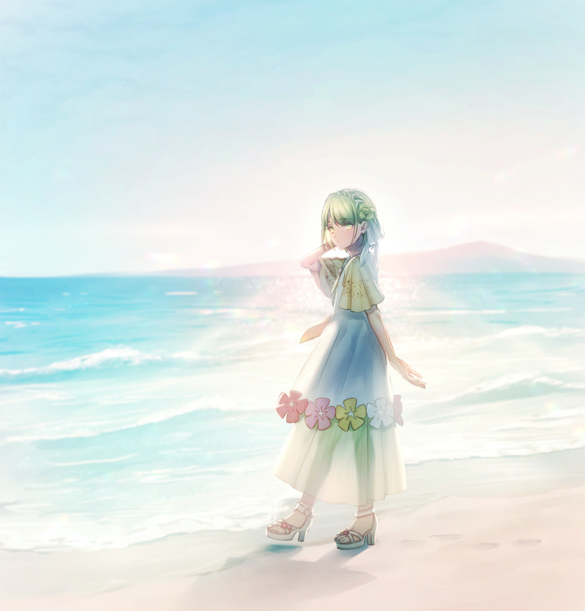 beach blue_sky braid comfey day dress flower footprints full_body green_eyes green_hair hand_up high_heels highres how_to jewelry looking_at_viewer moe_(hamhamham) necklace ocean outdoors personification pokemon sandals see-through shadow short_hair sky solo waves