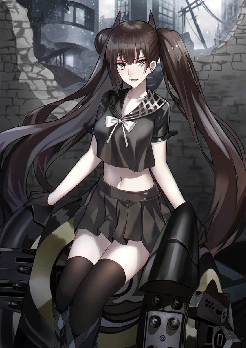 arm_strap bangs black black_gloves black_hair black_legwear black_serafuku black_skirt blush boots bow bowtie breasts collarbone crop_top crop_top_overhang day eyebrows_visible_through_hair girls_frontline gloves grey_eyes hair_between_eyes half_gloves head_tilt headgear highres knee_boots long_hair looking_at_viewer machinery medium_breasts midriff miniskirt navel open_mouth ouroboros_(girls_frontline) outdoors pale_skin pleated_skirt ruins sailor sangvis_ferri school_uniform serafuku shiguru shiny shiny_hair short_sleeves sidelocks sitting skirt smile snowing solo stomach telephone_pole thighhighs thighs twintails uniform very_long_hair white_neckwear zettai_ryouiki