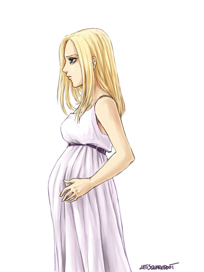 artist_name bare_arms bare_shoulders blonde_hair blue_eyes christa_renz commentary dress hand_on_own_stomach highres maternity_dress mightysquareroot pregnant profile shingeki_no_kyojin simple_background sleeveless sleeveless_dress solo spoilers white_background white_dress