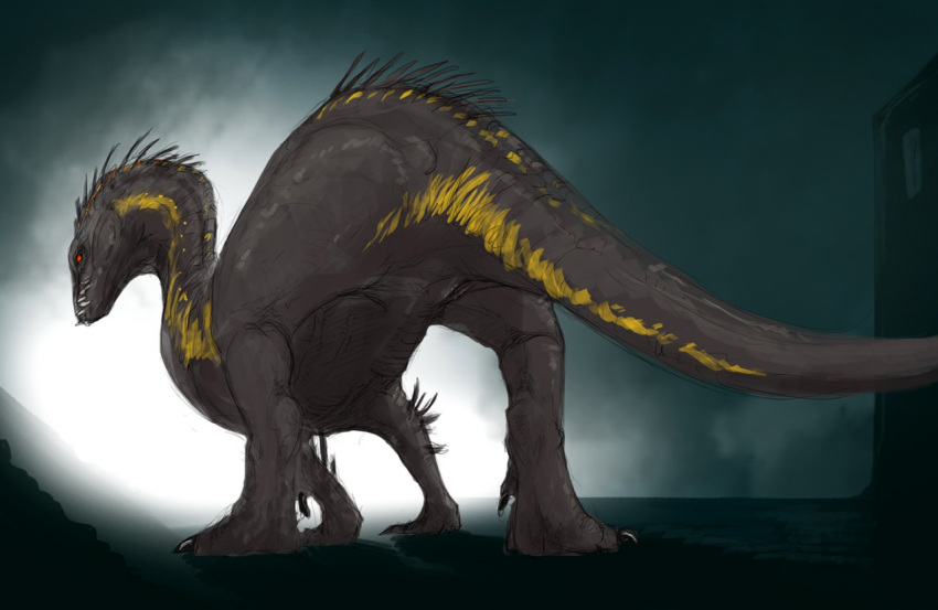 2018 claws dinosaur female feral flamespitter indoraptor looking_back nude pussy raptor rear_view scalie solo teeth theropod