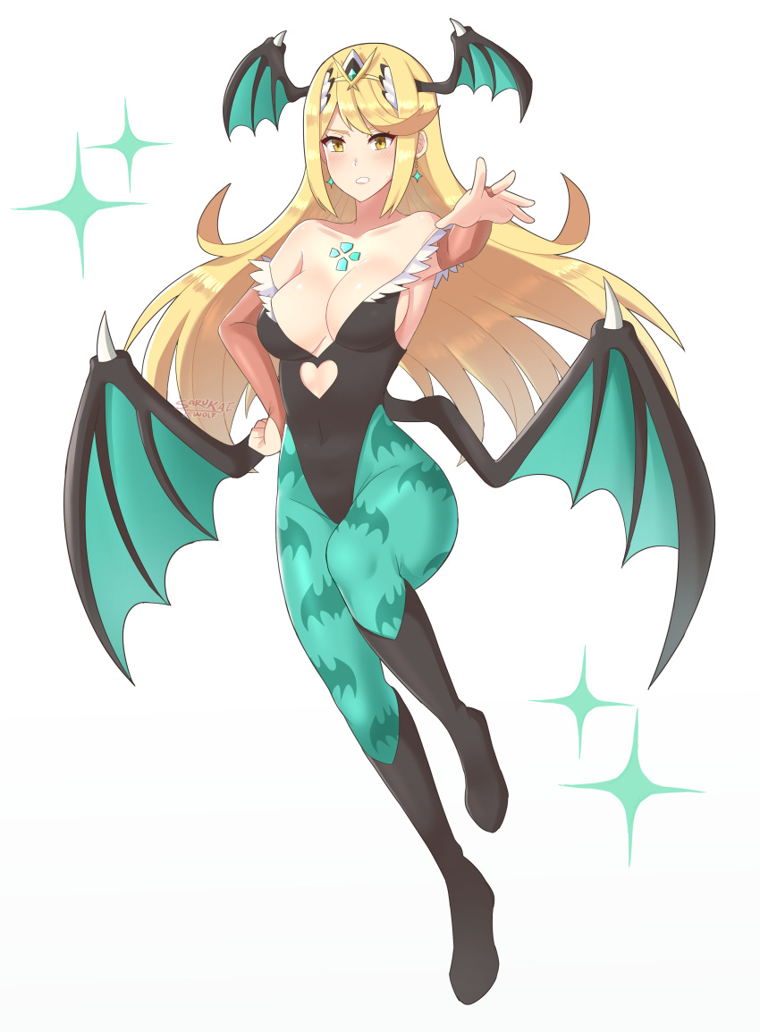 1girl absurdres animal_print bare_shoulders bat_print bat_wings breasts bridal_gauntlets cleavage cosplay full_body head_wings highres hikari_(xenoblade_2) large_breasts leotard long_hair looking_at_viewer morrigan_aensland morrigan_aensland_(cosplay) nintendo pantyhose print_legwear sarukaiwolf simple_background solo vampire_(game) white_background wings xenoblade_(series) xenoblade_2