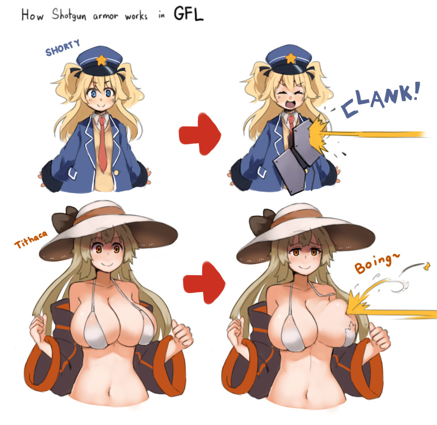 :d absurdres bangs bare_shoulders bikini black_bow blocking blonde_hair blue_eyes blue_hat blue_jacket blush bow breasts character_name cleavage collared_shirt commentary directional_arrow english_commentary eyebrows_visible_through_hair firing flat_chest girls_frontline hair_between_eyes hat hat_bow highres huge_breasts ithaca_m37_(girls_frontline) jacket kion-kun long_hair long_sleeves looking_at_viewer multiple_girls navel necktie onomatopoeia open_clothes open_jacket open_mouth orange_eyes pun red_neckwear ricocheting shirt simple_background smile sun_hat super_shorty_(girls_frontline) swimsuit two_side_up v-shaped_eyebrows vest wardrobe_malfunction white_background white_bikini white_hat white_shirt wide_sleeves wing_collar