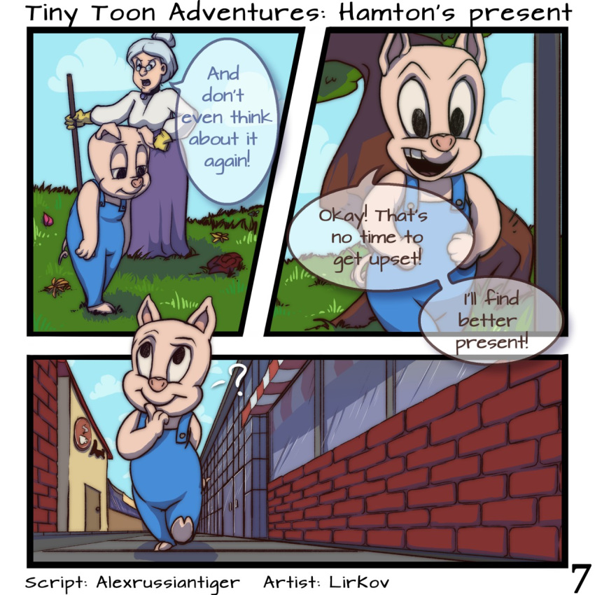 2018 comic detailed_background digital_media_(artwork) duo english_text female flower granny_(looney_tunes) hamton_j_pig hoe human lirkov looney_tunes male mammal park pig plant porcine text tiny_toon_adventures warner_brothers