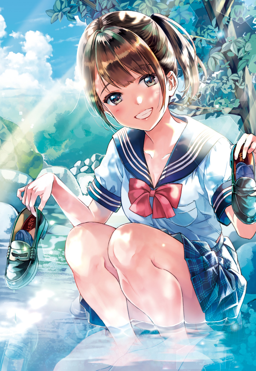 blue_sailor_collar blue_skirt blue_sky bow brown_eyes brown_hair cloud cloudy_sky collarbone commentary_request day green_footwear grin head_tilt highres holding holding_shoes legwear_removed loafers looking_at_viewer matsuzaki_miyuki navy_blue_legwear original outdoors plaid plaid_skirt pleated_skirt red_bow reflection sailor_collar school_uniform serafuku shirt shoes shoes_removed short_sleeves side_ponytail skirt sky smile solo squatting tree wading water white_shirt