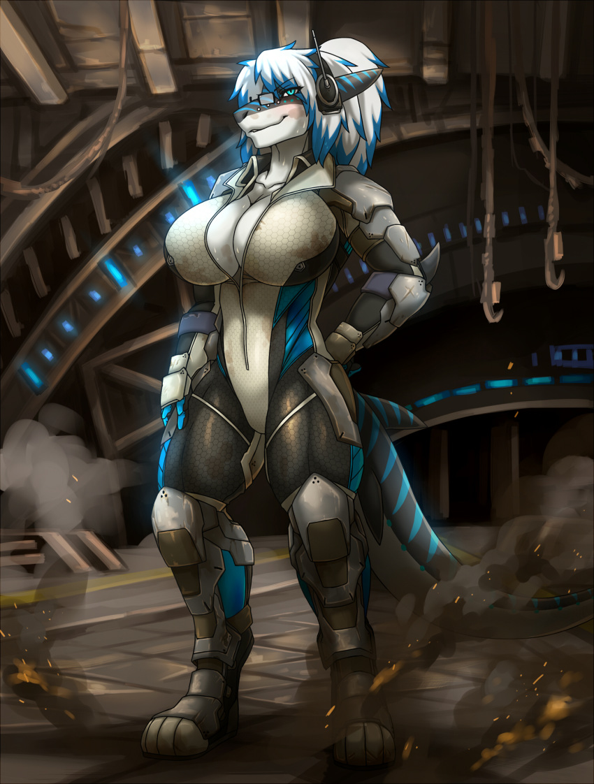 anthro armor big_breasts breasts clothed clothing eyewear female fish glasses hair link2004 looking_at_viewer marine nika_sharkeh shark smile solo standing sweat
