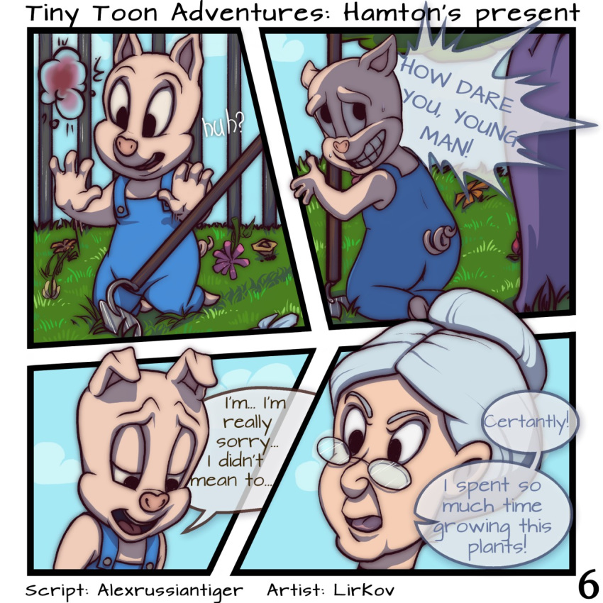 2018 comic detailed_background digital_media_(artwork) duo english_text female flower granny_(looney_tunes) hamton_j_pig hoe human lirkov looney_tunes male mammal park pig plant porcine speech_bubble text tiny_toon_adventures warner_brothers