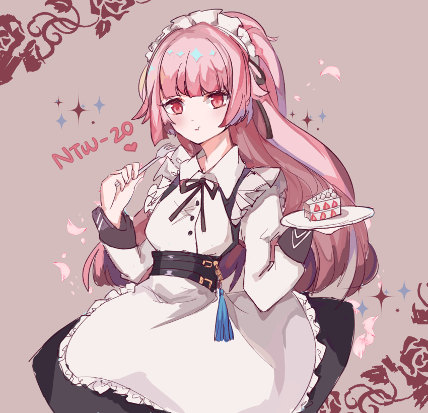 apron bangs black_ribbon blunt_bangs blush cake chewing dress food fork girls_frontline hair_ribbon highres holding holding_fork holding_plate long_hair long_sleeves maid maid_apron maid_headdress night1122 ntw-20_(girls_frontline) pink_eyes pink_hair plate ribbon simple_background solo