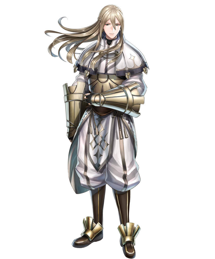 armor bangs blonde_hair boots brown_gloves capelet closed_mouth fire_emblem fire_emblem:_kakusei fire_emblem_heroes full_body gloves haru_(toyst) highres long_hair long_sleeves looking_at_viewer male_focus official_art pants pelvic_curtain riviera_(fire_emblem) sidelocks solo standing transparent_background vambraces
