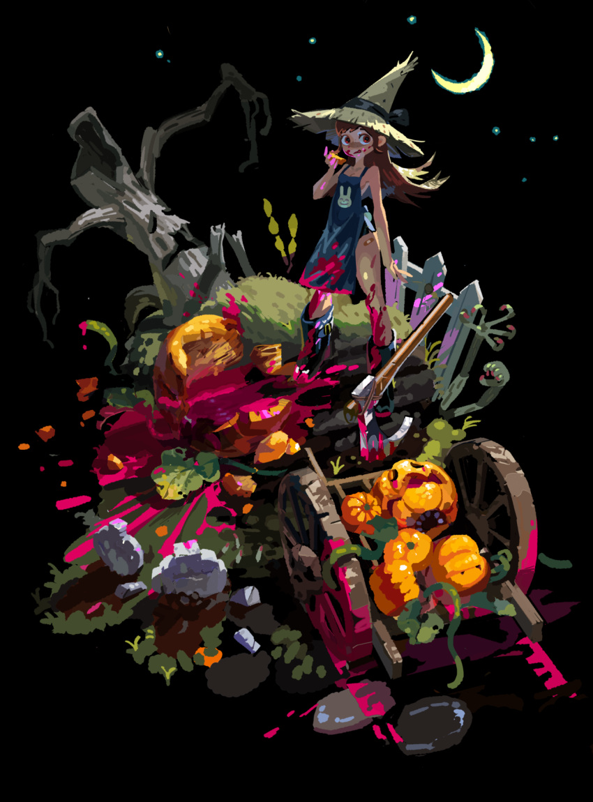 1girl apron axe black_background black_ribbon blue_footwear brown_hair bunny crescent_moon fence fuwata grass grave hat highres leaf long_hair looking_at_viewer moon night original plant pumpkin red_eyes ribbon rock simple_background splatter star_(sky) teeth tombstone tongue tongue_out tree tree_branch vines wheel wheelbarrow witch_hat zombie