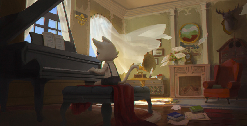 ambiguous_gender bench book cat cervine chair clock cub curtains cute feline fireplace fur inside lokey_(artist) mammal musical_instrument painting piano record_player sheet_music solo white_fur window young