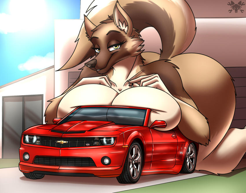 anthro bedroom_eyes big_breasts big_butt breast_squish breasts butt canine car chevrolet dog female fur german_shepherd half-closed_eyes hi_res looking_at_viewer macro mammal metalfoxxx nude seductive solo vehicle