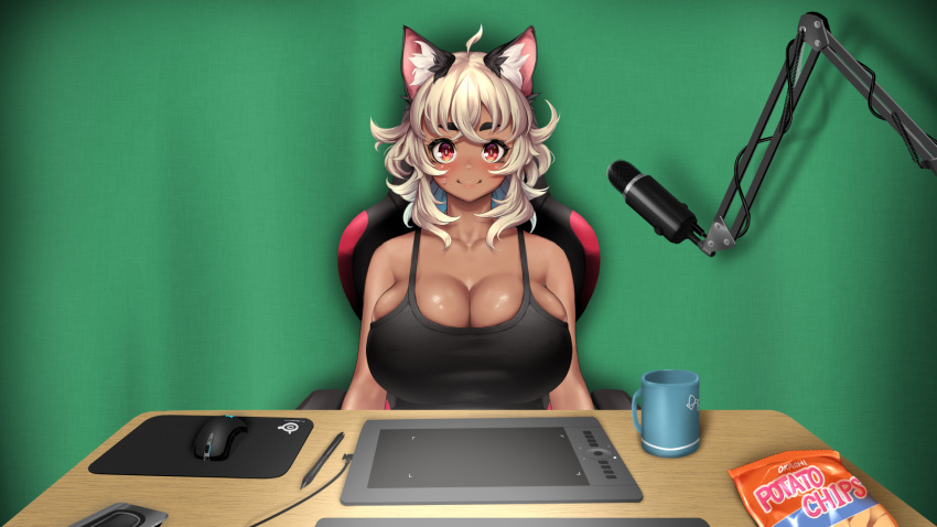 1girl animal_ears bangs black_tank_top blonde_hair boom_microphone breasts cat_ears chair chips cleavage collarbone commentary_request cup dark_skin desk drawing_tablet food highres large_breasts long_hair microphone mouse_(computer) mousepad mug original red_eyes revision sidelocks smile solo stylus thick_eyebrows virtual_youtuber yana_(nekoarashi) yana_(virtual_youtuber)