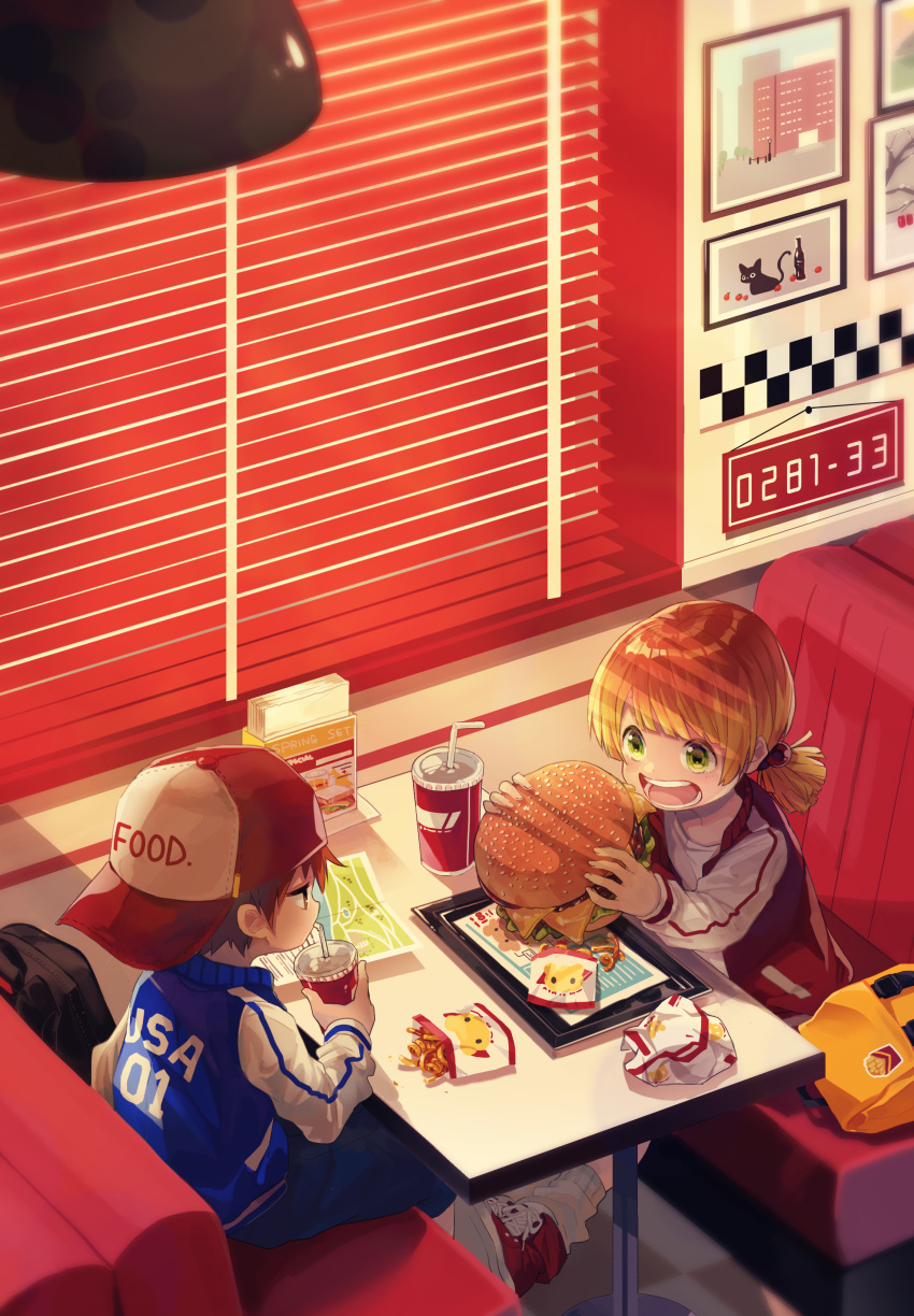 1girl absurdres backwards_hat bad_id bad_tumblr_id blinds blonde_hair cup curly_fries diner drinking eating food green_eyes hamburger hat highres jacket kuroda_(kuro_yyy) map meal open_mouth original restaurant sitting