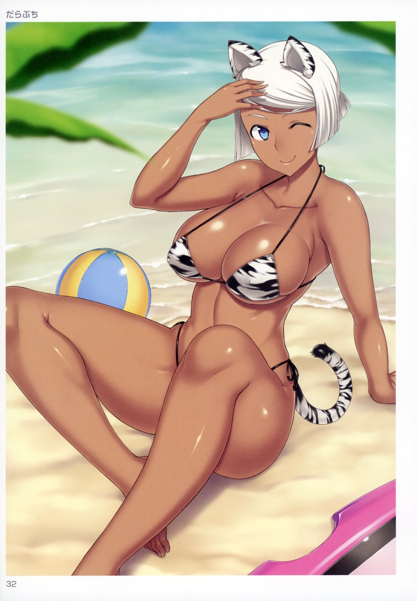 absurdres animal_ears animal_print arm_support artist_name ball bangs bare_legs bare_shoulders barefoot beach beachball bikini blue_eyes breasts cleavage closed_mouth collarbone covered_nipples darabuchi dark_skin day highres large_breasts lips looking_at_viewer one_eye_closed page_number scan shiny shiny_skin short_hair sitting smile solo swimsuit tail tiger_ears tiger_tail toranoana water white_hair