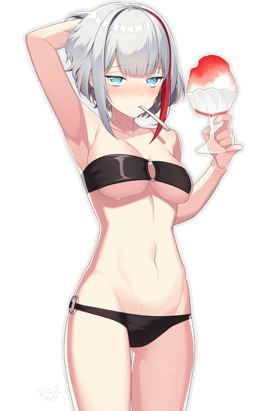 absurdres admiral_graf_spee_(azur_lane) alternate_costume arm_behind_head ass_visible_through_thighs azur_lane bandeau bangs bare_arms bare_shoulders bikini black_bikini blue_eyes blunt_bangs blush breasts collarbone commentary_request cowboy_shot cup eyebrows_visible_through_hair groin highres holding holding_cup kinsenka_momi looking_at_viewer medium_breasts mouth_hold multicolored_hair navel o-ring o-ring_bikini o-ring_bottom o-ring_top red_hair shaved_ice short_hair sidelocks signature silver_hair simple_background solo spoon_in_mouth stomach strapless strapless_bikini streaked_hair swimsuit thighs underboob wet white_background