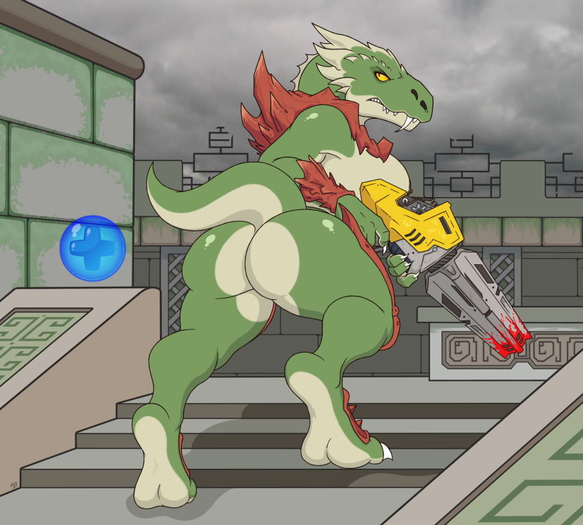 anthro armor big_butt blood breasts butt detailed_background fangs female gun hi_res lizard looking_back machine_gun mumblechop nipples outside quake ranged_weapon rear_view reptile scalie side_boob solo sorlag stairs weapon