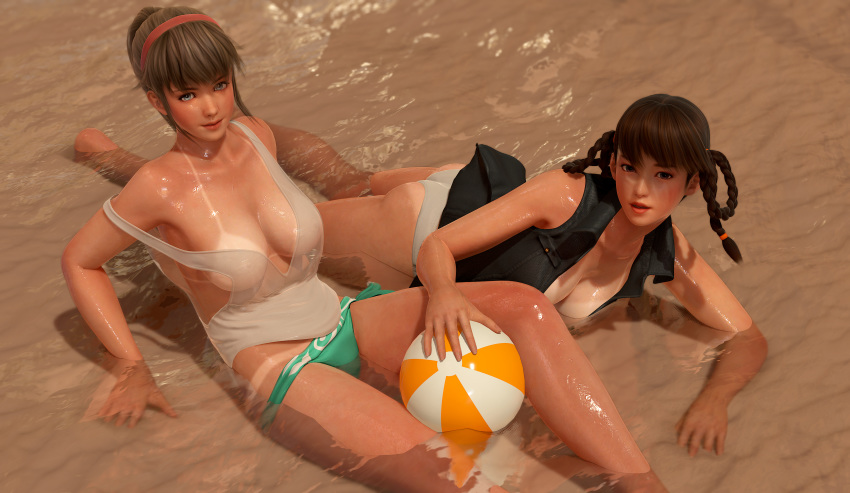 2girls 3d areolae ass ball bare_arms bare_legs beach beachball bikini bikini_bottom bikini_tan bikini_top_removed blue_eyes braid breasts brown_eyes brown_hair cleavage dead_or_alive female full_cleavage hairband hitomi_(doa) legs lei_fang light_brown_hair lips long_hair looking_at_viewer lying multiple_girls nipples ocean on_stomach parted_lips partially_underwater_shot ponytail radianteld revealing_clothes see-through see-through_shirt shirt side_braid sideboob sitting sleeveless sleeveless_shirt strap_slip swimsuit tan tanline thighs tied_hair transparent_clothes twin_braids wardrobe_malfunction water wet wet_body wet_clothes wet_shirt white_shirt xps