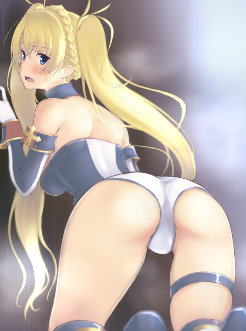 3yuki ass back backless_outfit bangs bare_shoulders blonde_hair blue_eyes blush bradamante_(fate/grand_order) braid breasts detached_sleeves embarrassed fate/grand_order fate_(series) french_braid from_behind gloves hair_ribbon kneeling leaning leaning_forward leotard long_hair looking_at_viewer looking_back open_mouth panties ribbon sidelocks solo thigh_strap thighs twintails underwear white_background white_panties yellow_ribbon