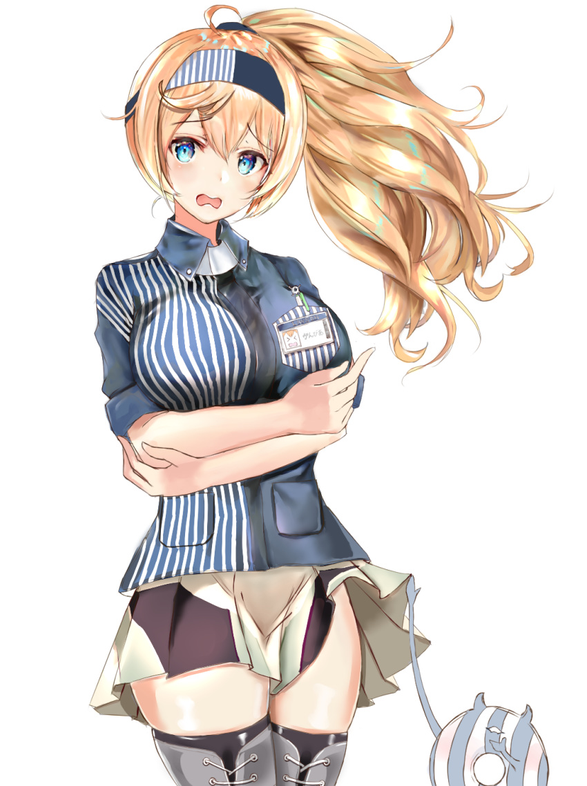 1girl alternate_costume alternate_hairstyle bangs black_legwear blonde_hair blue_eyes blue_shirt blush boots breast_pocket breasts character_name collared_shirt commentary cowboy_shot cross-laced_footwear employee_uniform enemy_lifebuoy_(kantai_collection) eriyama_(user_csua4255) gambier_bay_(kantai_collection) hair_between_eyes hairband highres kantai_collection lace-up_boots large_breasts lawson lifted_by_another long_hair name_tag open_mouth pocket ponytail shirt short_sleeves sidelocks simple_background skindentation skirt skirt_lift thigh_boots thighhighs thighs uniform white_background