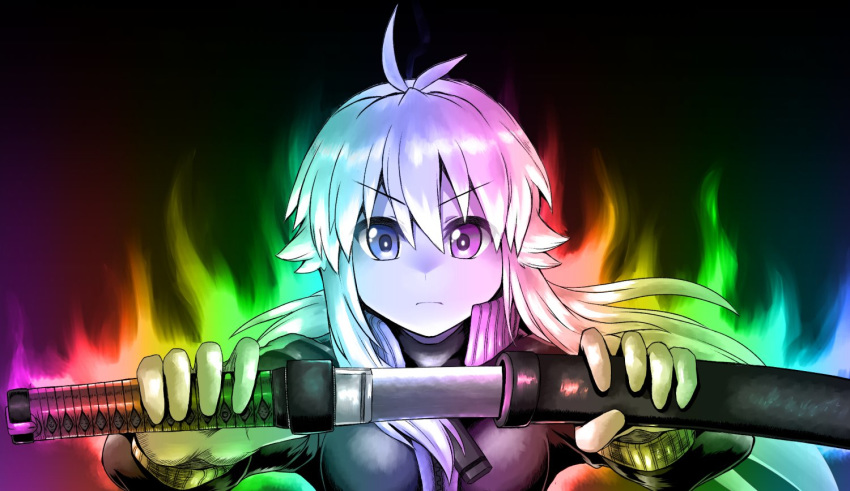 ahoge aura black_background blonde_hair closed_mouth commentary_request drawing_sword holding holding_sword holding_weapon koshirae_tsurugi long_hair m.m original serious sheath solo sword unsheathing wakizashi weapon