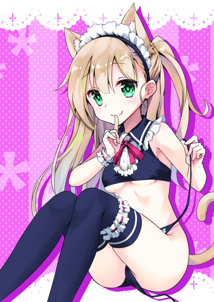 absurdres animal_ears bad_id bad_pixiv_id bangs bare_arms bare_shoulders black_legwear black_panties black_shirt blonde_hair blush breasts cat_ears cat_girl cat_tail closed_mouth crop_top eyebrows_visible_through_hair finger_to_mouth frills green_eyes hair_between_eyes highres kutata lace_border long_hair maid_headdress one_side_up original panties shirt shushing side-tie_panties sitting sleeveless sleeveless_shirt small_breasts smile solo tail tail_raised thighhighs underboob underwear untied untied_panties very_long_hair wrist_cuffs